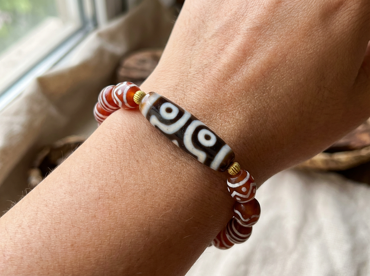 Vajra Three-Eyed Dzi Bracelet with Protective Canopy Pattern