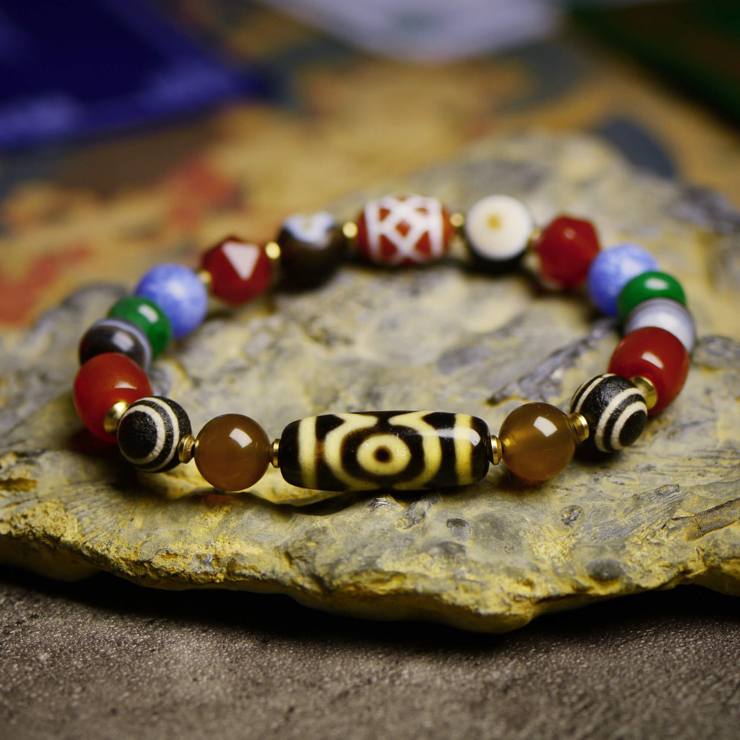 Vajra Lotus Three-Eyed Dzi Bead Bracelet