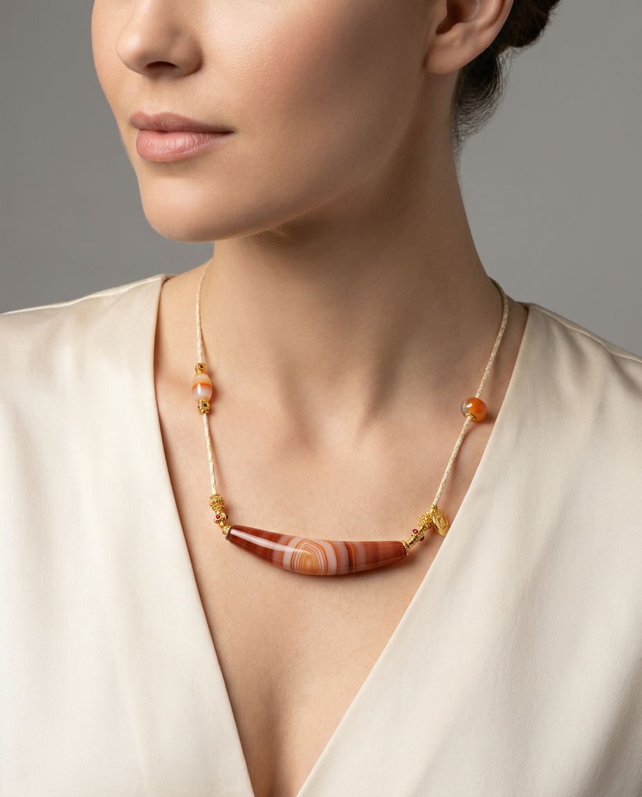 Vajra Bull Horn-Shaped Vein Agate Necklace